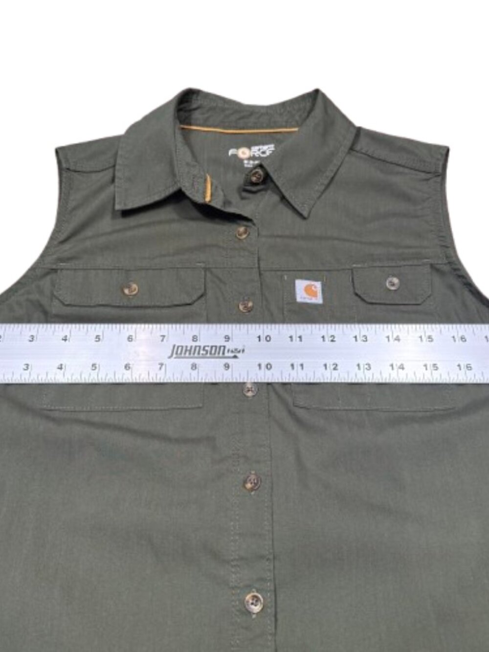Carhartt Women’s Sleeveless Button Up Collared Green Gorpcore Granola Top (SZ M) - Picture 9 of 13